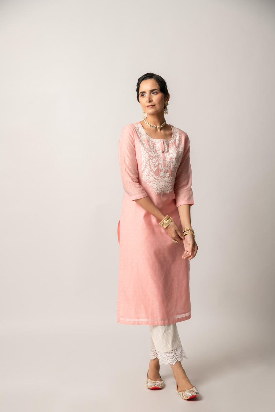 Pink Silk Chanderi Straight Kurta