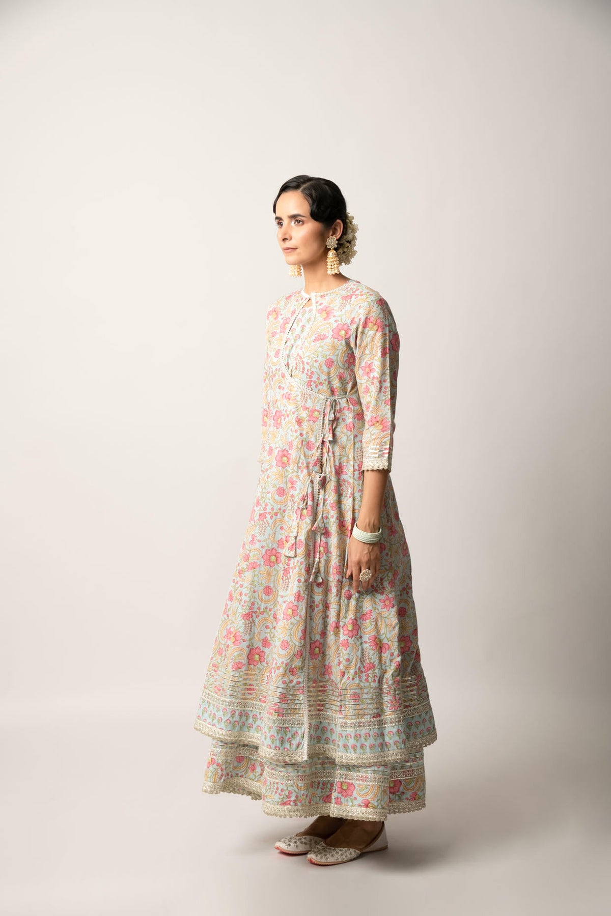 Grey Handblock Floral Printed Double Layered Kalidaar Dress
