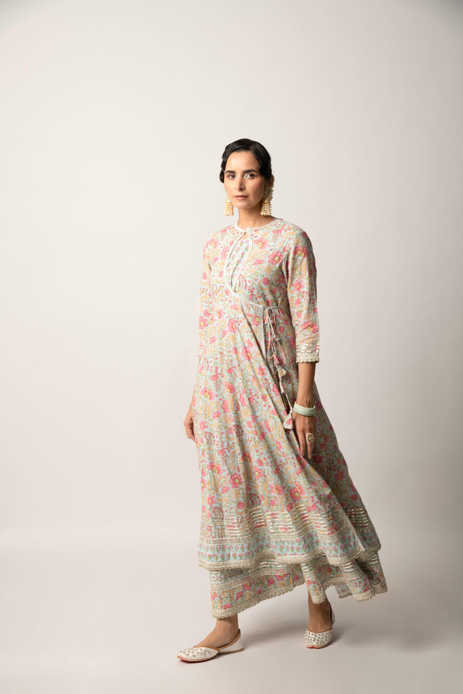Grey Handblock Floral Printed Double Layered Kalidaar Dress