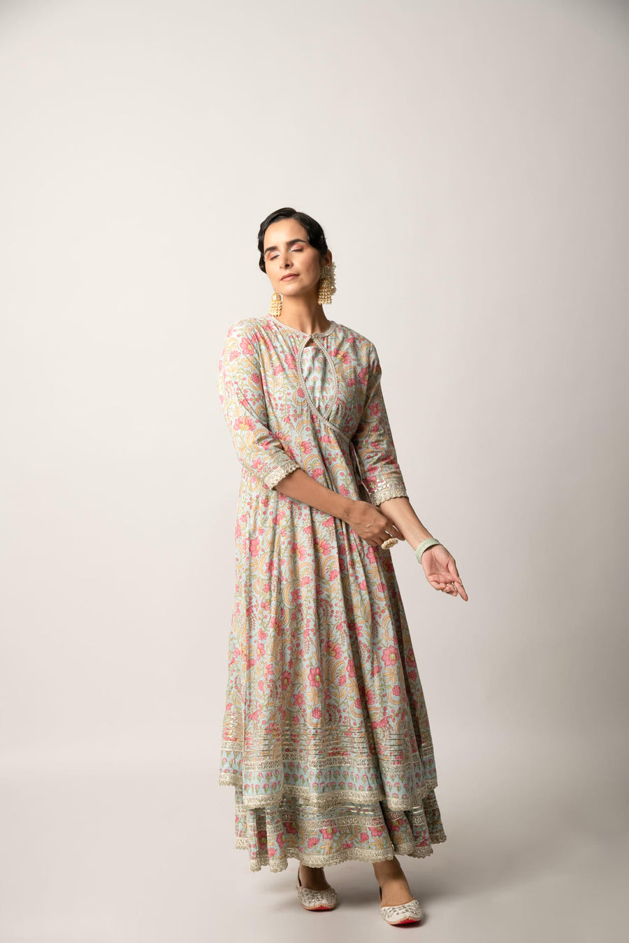 Grey Handblock Floral Printed Double Layered Kalidaar Dress