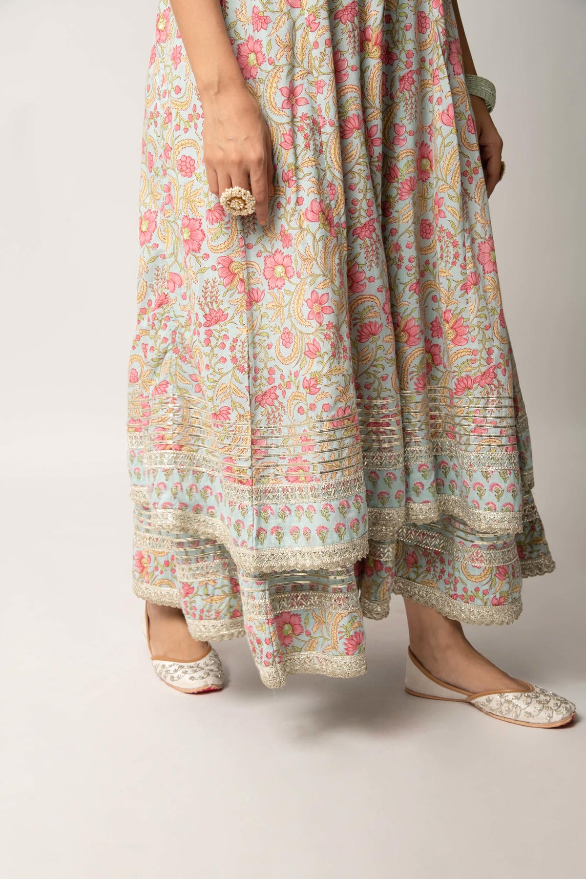 Grey Handblock Floral Printed Double Layered Kalidaar Dress