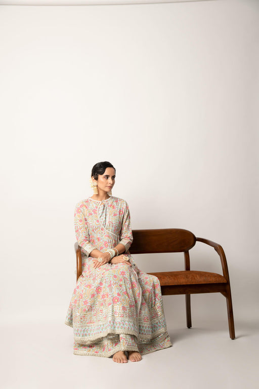 Grey Handblock Floral Printed Double Layered Kalidaar Dress