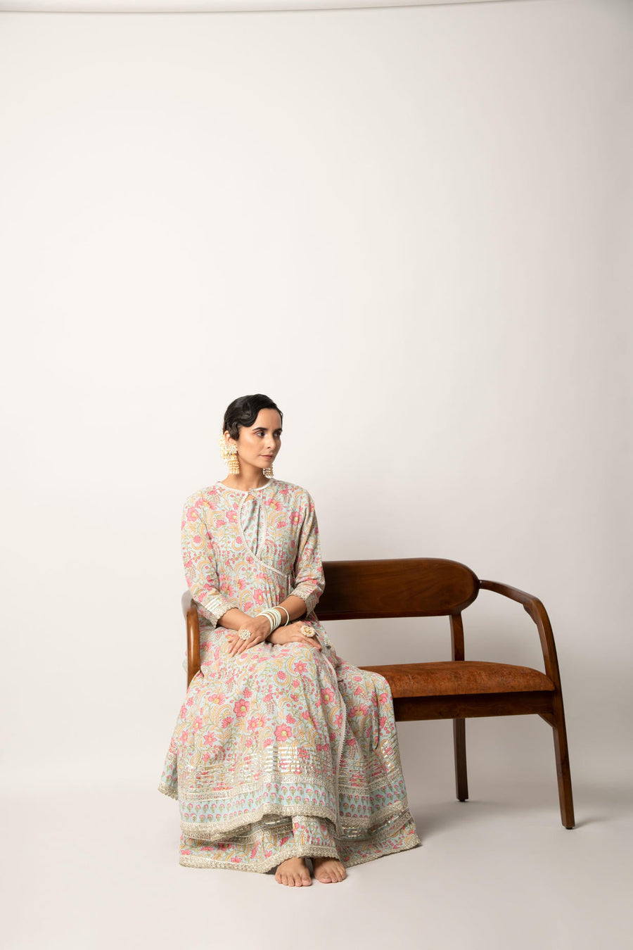 Grey Handblock Floral Printed Double Layered Kalidaar Dress