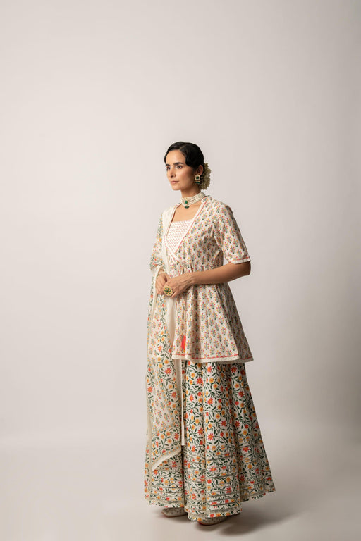 White Floral Print Kurta Skirt and Dupatta