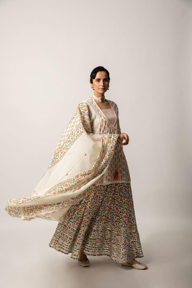 White Floral Print Kurta Skirt and Dupatta