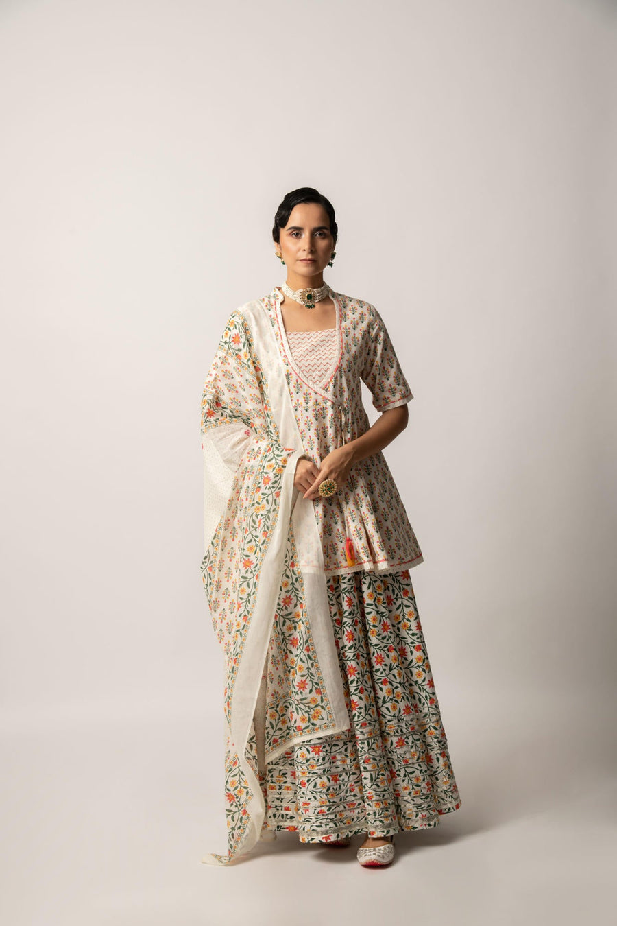 White Floral Print Kurta Skirt and Dupatta