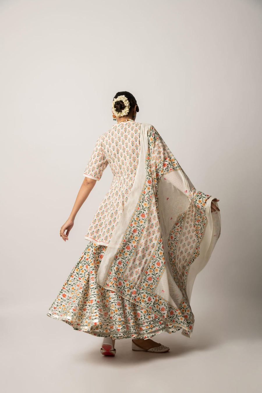 White Floral Print Kurta Skirt and Dupatta