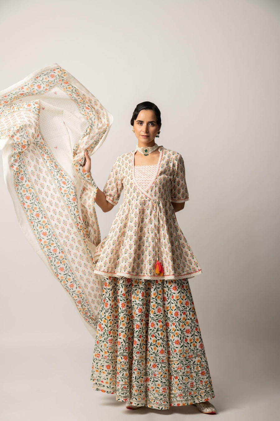 White Floral Print Kurta Skirt and Dupatta