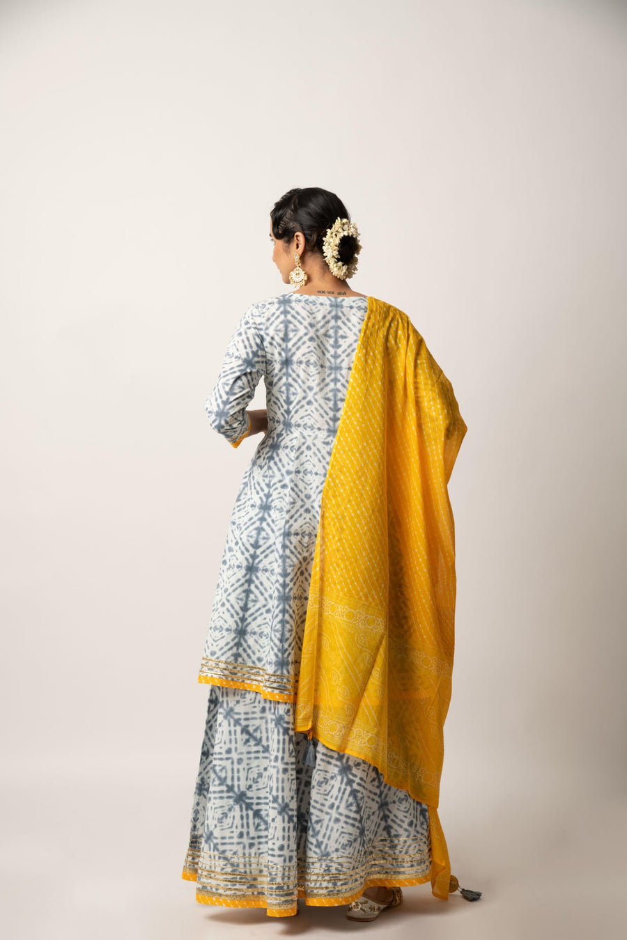 Grey Yellow Tie& Dye Print Kali Kurta with Skirt and Dupatta
