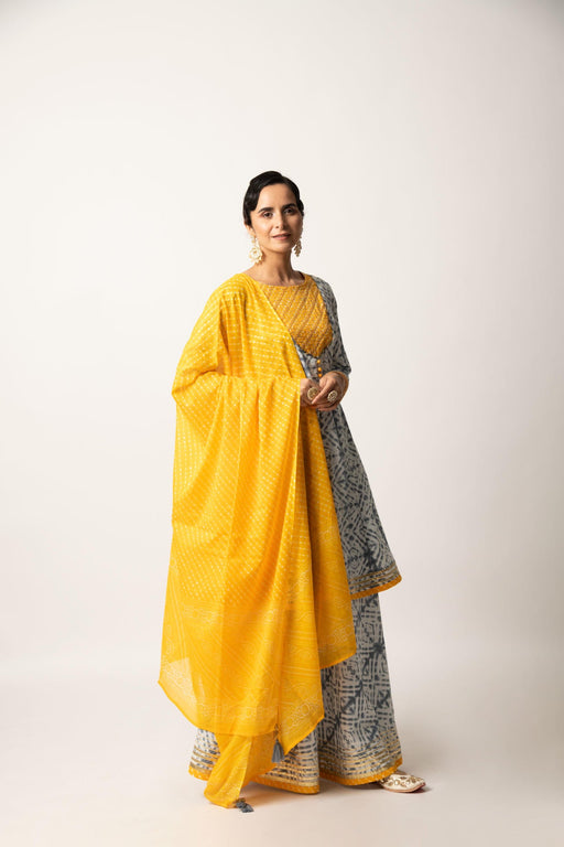 Grey Yellow Tie& Dye Print Kali Kurta with Skirt and Dupatta