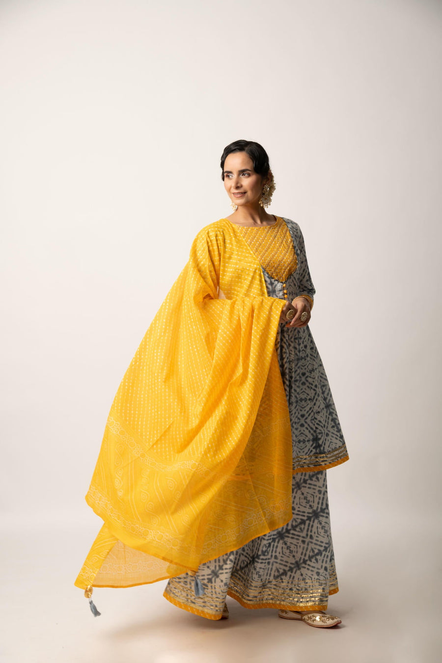 Grey Yellow Tie& Dye Print Kali Kurta with Skirt and Dupatta