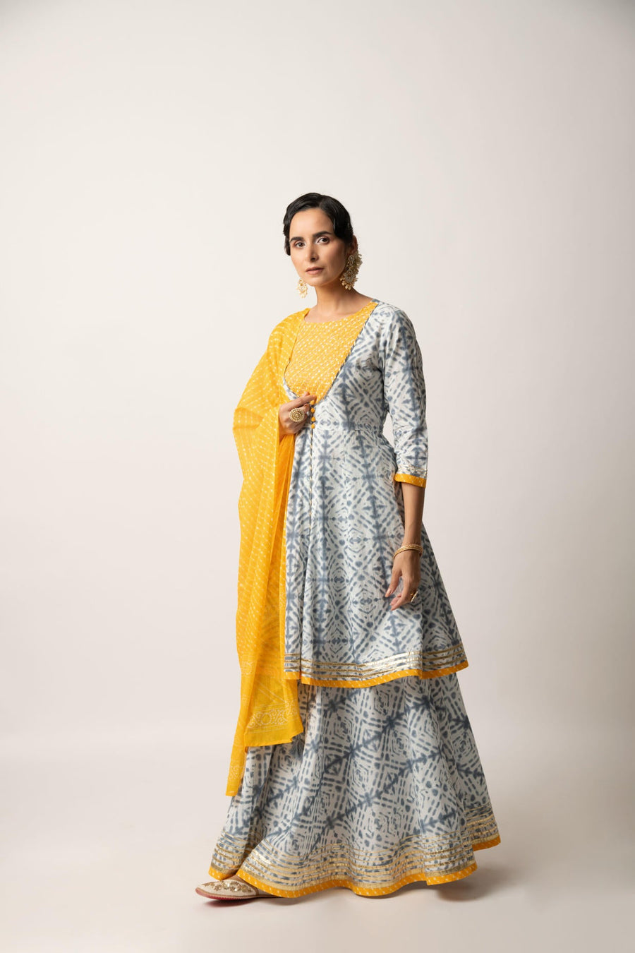 Grey Yellow Tie& Dye Print Kali Kurta with Skirt and Dupatta