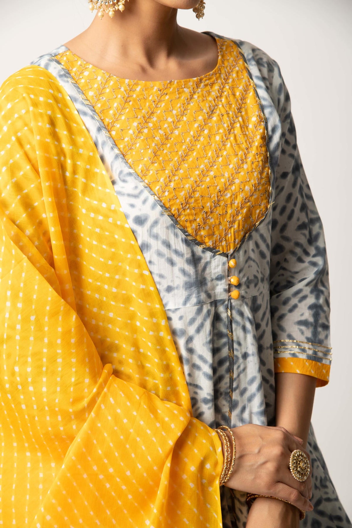 Grey Yellow Tie& Dye Print Kali Kurta with Skirt and Dupatta
