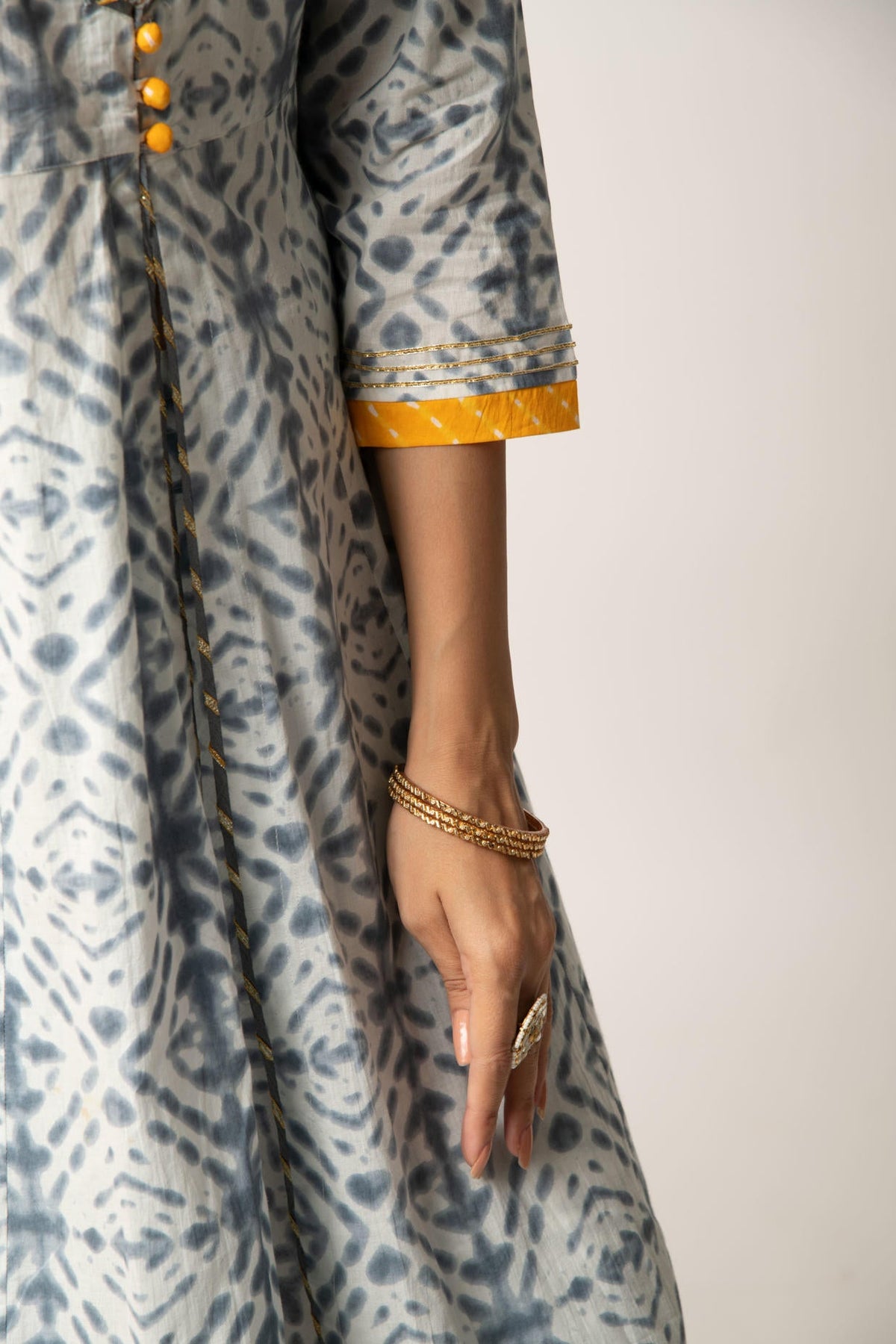 Grey Yellow Tie& Dye Print Kali Kurta with Skirt and Dupatta