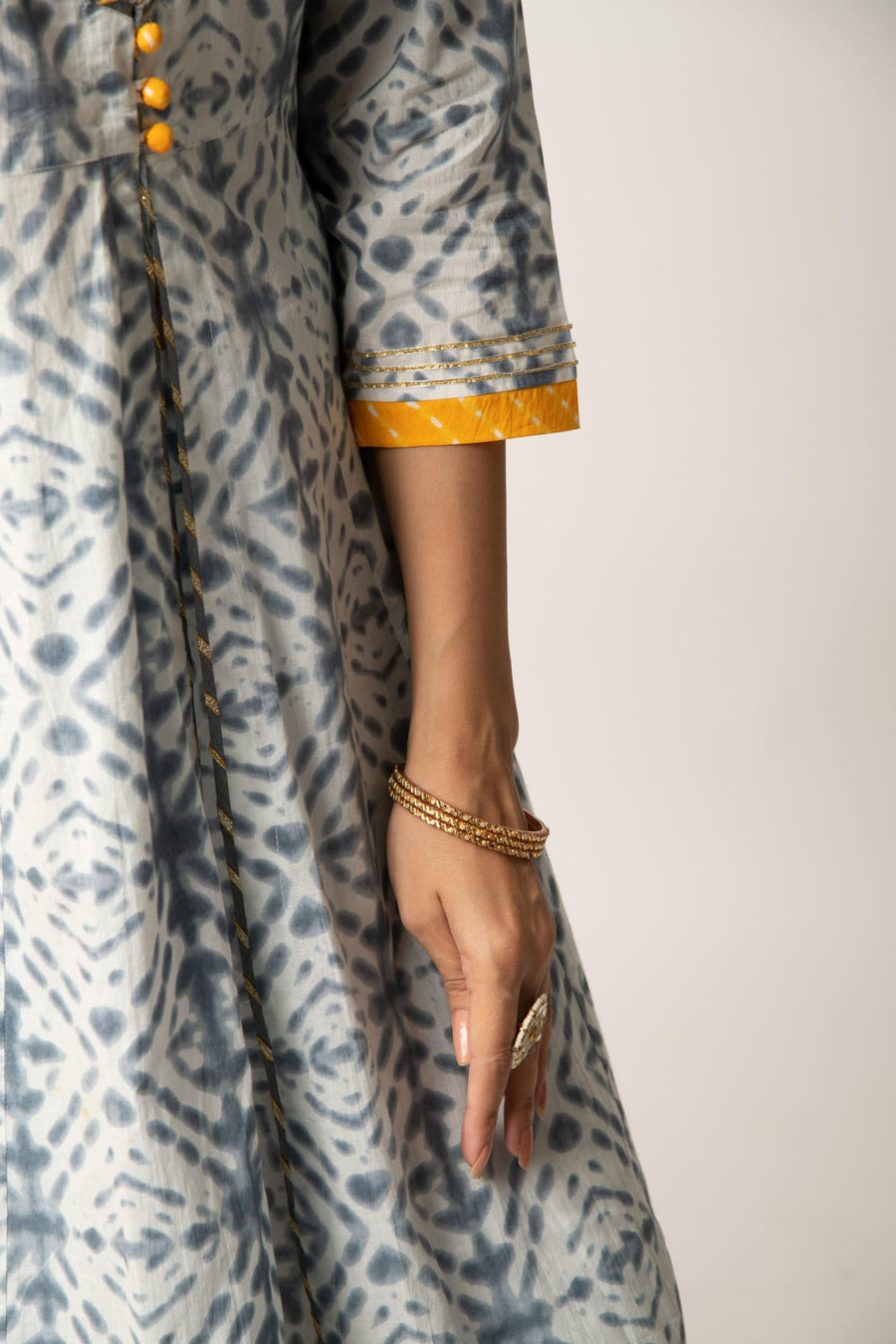 Grey Yellow Tie& Dye Print Kali Kurta with Skirt and Dupatta