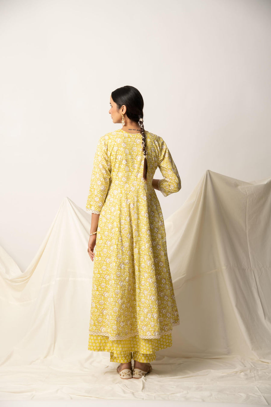 Yellow Floral Gold Print double Layered Flare Dress Kurta