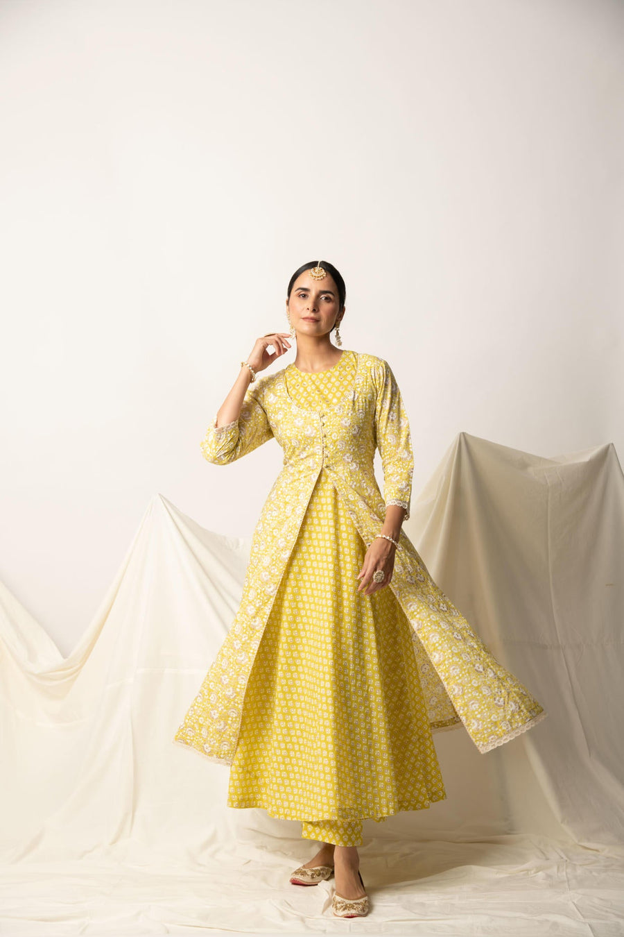Yellow Floral Gold Print double Layered Flare Dress Kurta