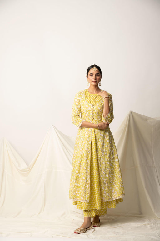 Yellow Floral Gold Print double Layered Flare Dress Kurta