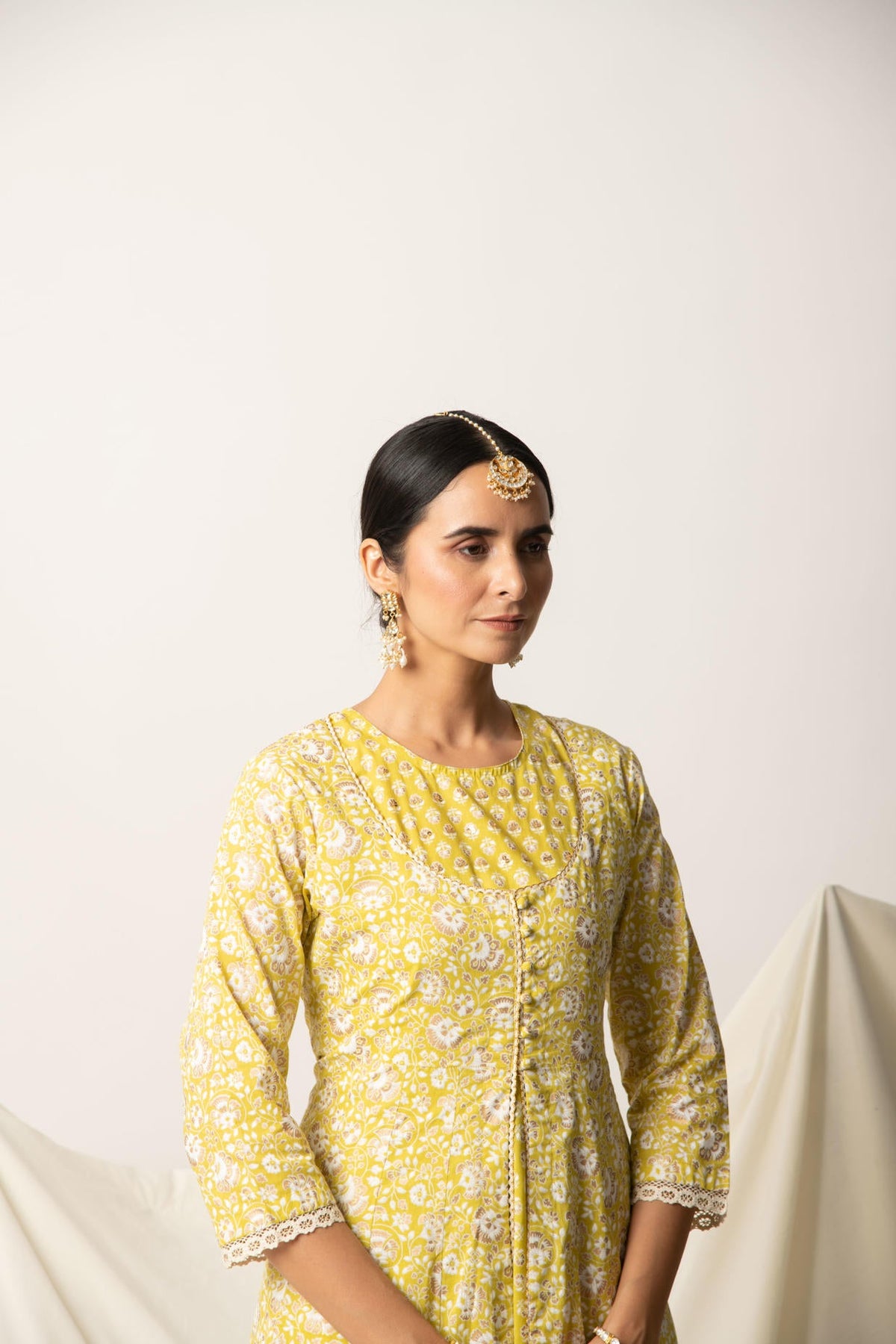 Yellow Floral Gold Print double Layered Flare Dress Kurta