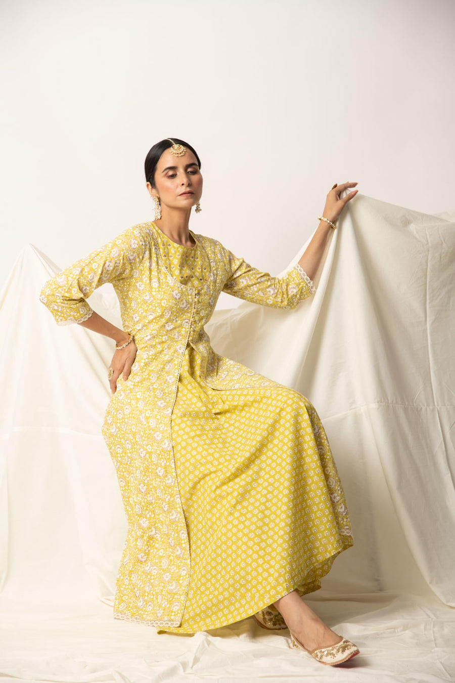 Yellow Floral Gold Print double Layered Flare Dress Kurta