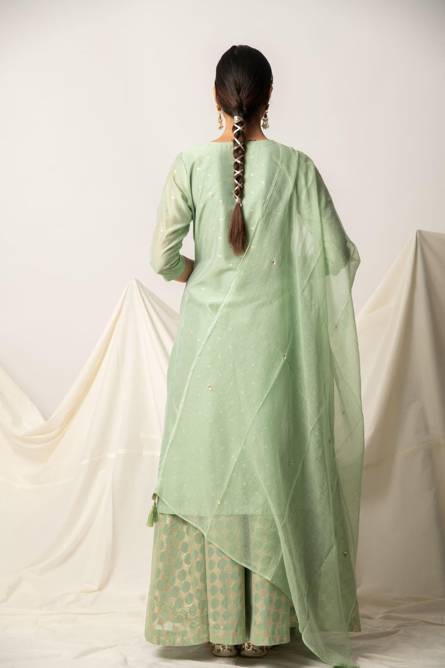 Green Silk Chanderi Kurta Skirt with Doriya Dupatta