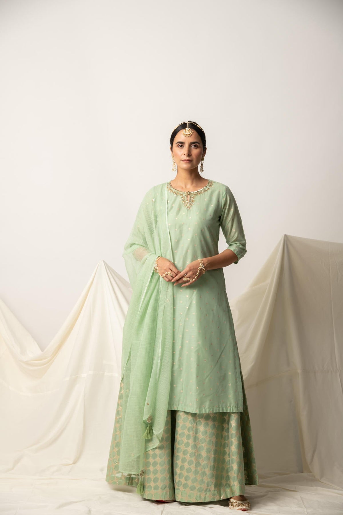 Green Silk Chanderi Kurta Skirt with Doriya Dupatta