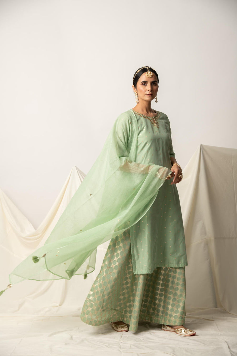 Green Silk Chanderi Kurta Skirt with Doriya Dupatta