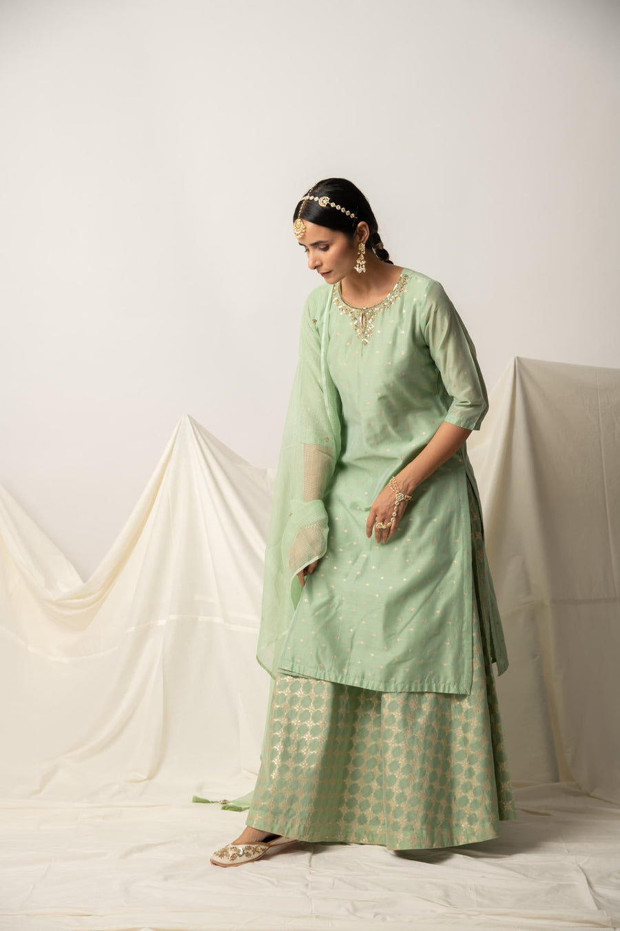 Green Silk Chanderi Kurta Skirt with Doriya Dupatta