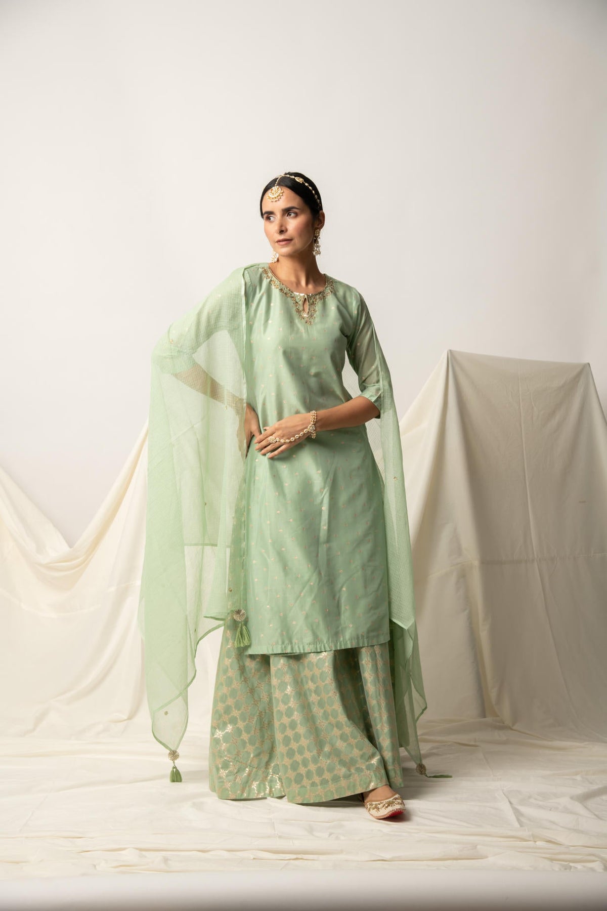 Green Silk Chanderi Kurta Skirt with Doriya Dupatta
