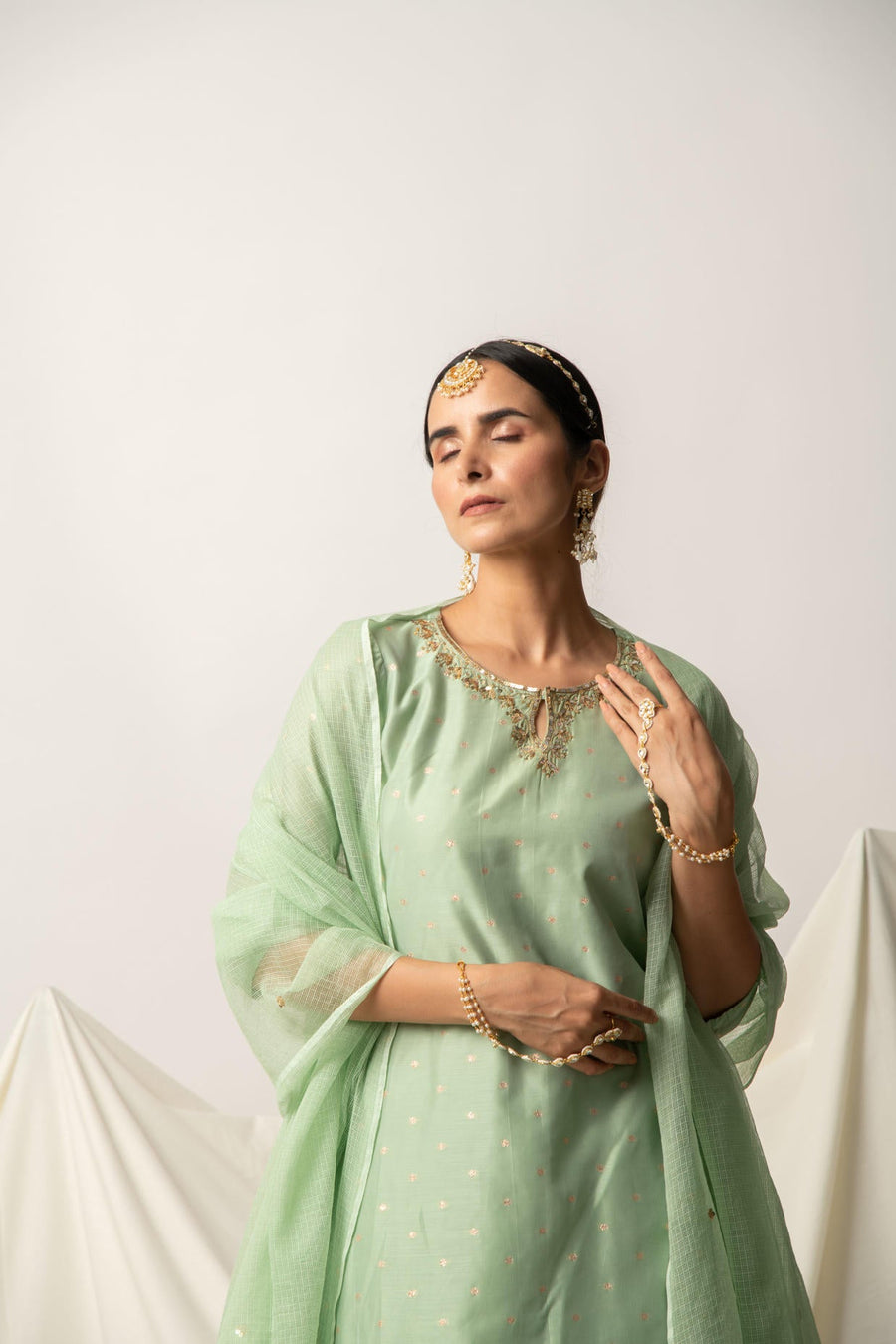 Green Silk Chanderi Kurta Skirt with Doriya Dupatta