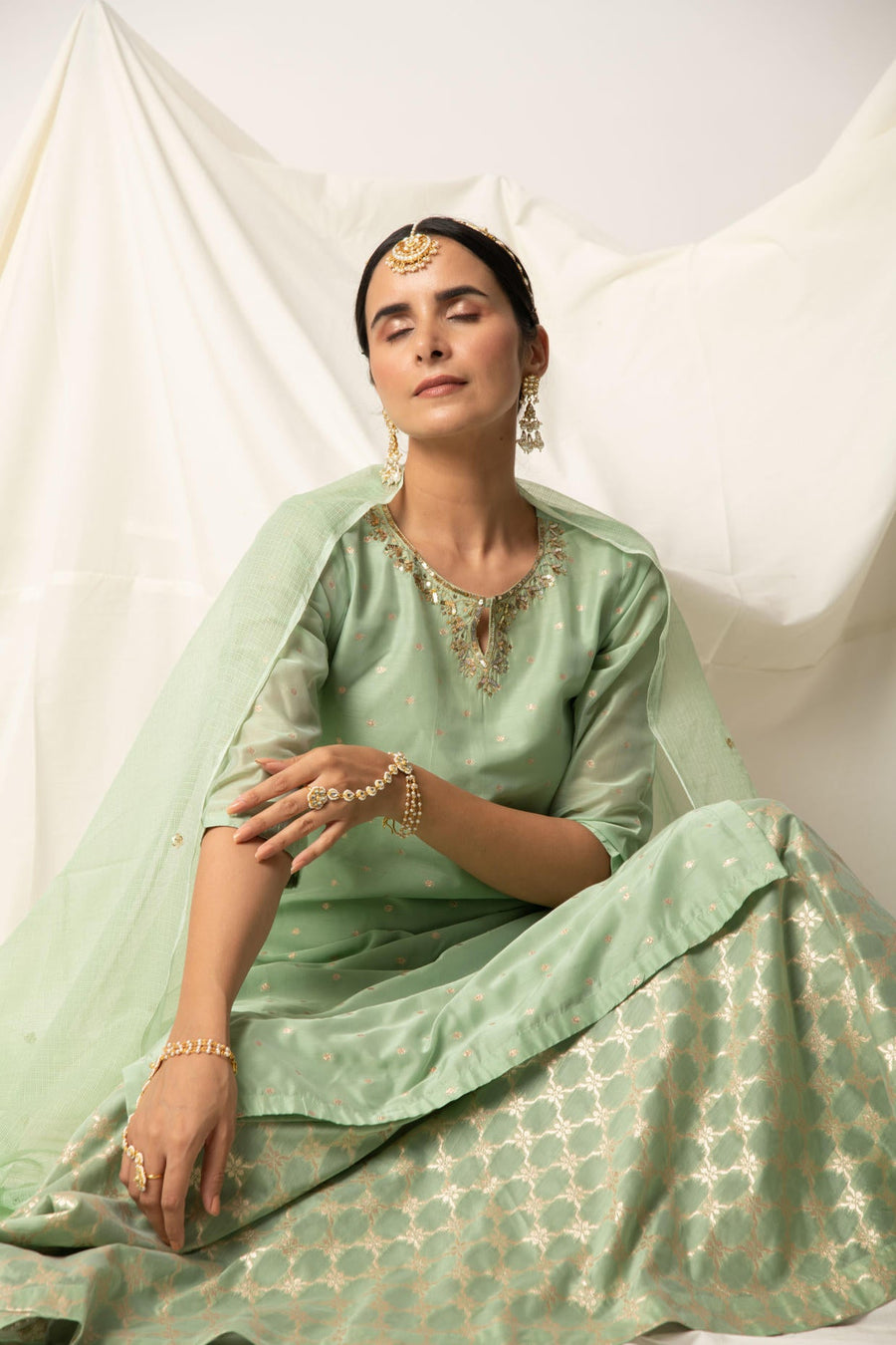 Green Silk Chanderi Kurta Skirt with Doriya Dupatta