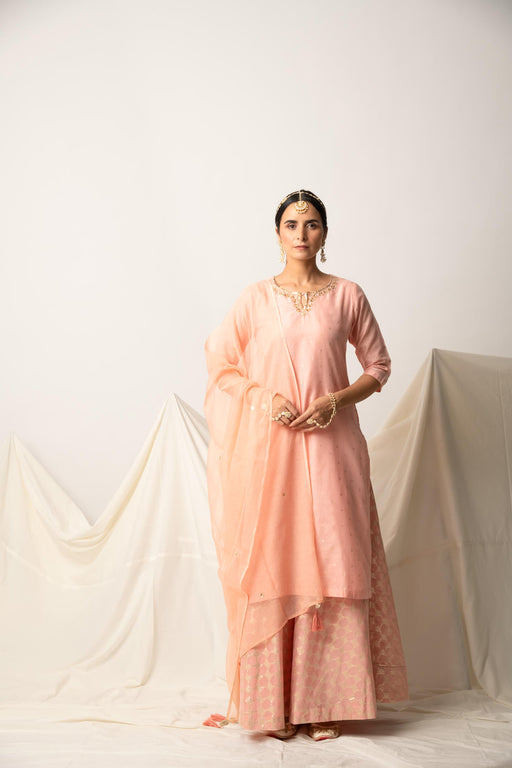 Peach Silk Chanderi Kurta Skirt with Doriya Dupatta
