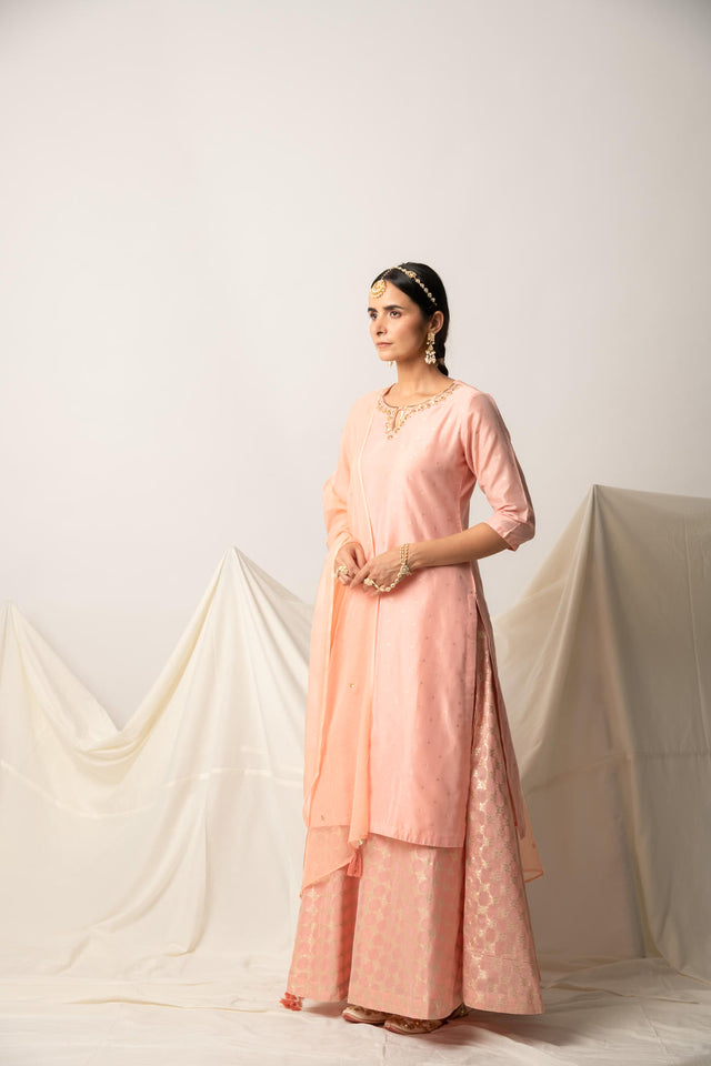 Peach Silk Chanderi Kurta Skirt with Doriya Dupatta