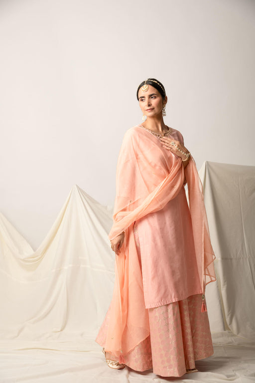 Peach Silk Chanderi Kurta Skirt with Doriya Dupatta