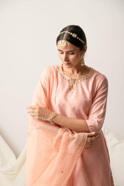Peach Silk Chanderi Kurta Skirt with Doriya Dupatta