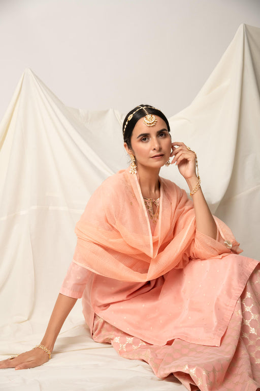 Peach Silk Chanderi Kurta Skirt with Doriya Dupatta