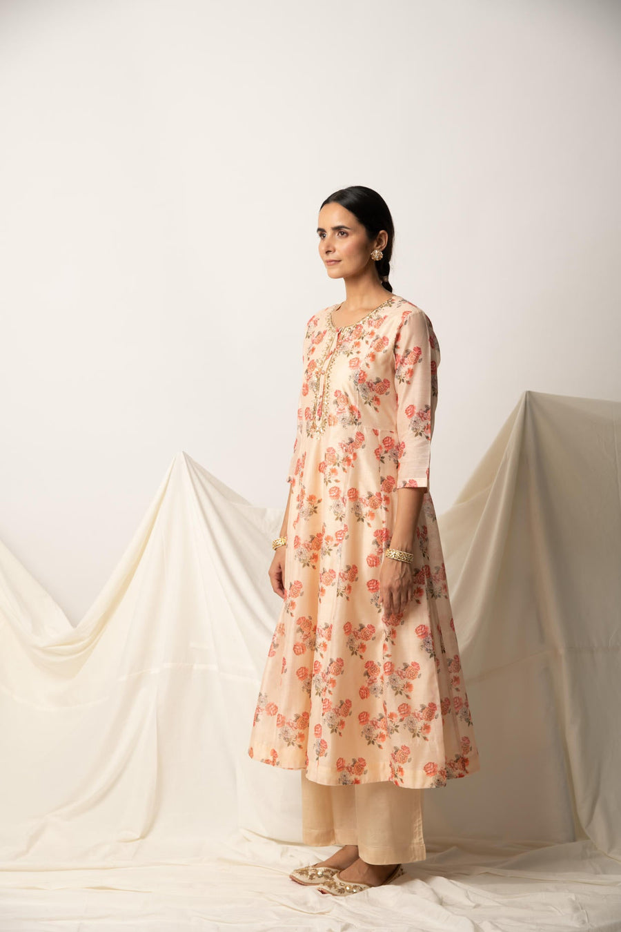 Butter Yellow Floral Print A-Line Kurta