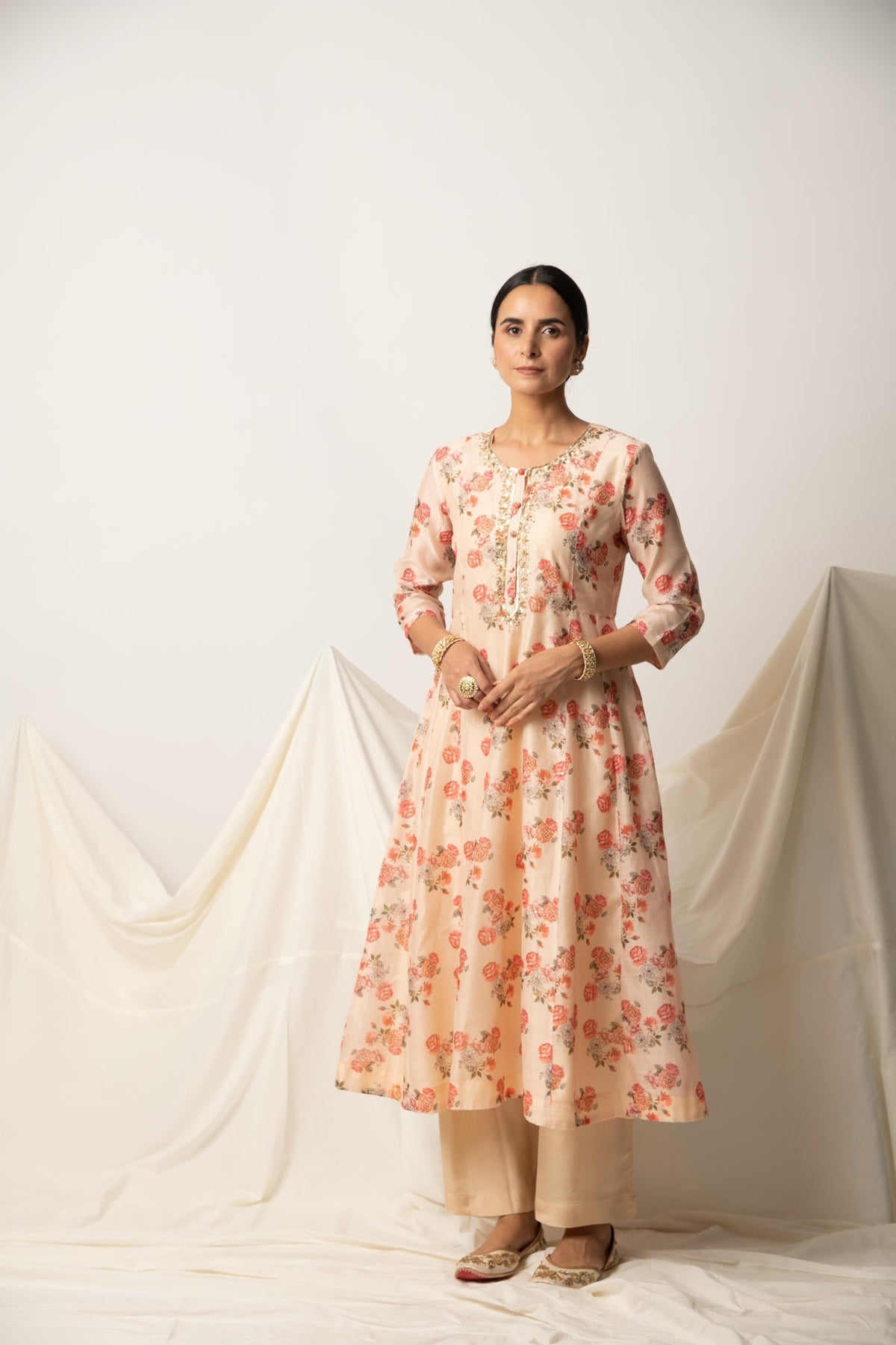 Butter Yellow Floral Print A-Line Kurta