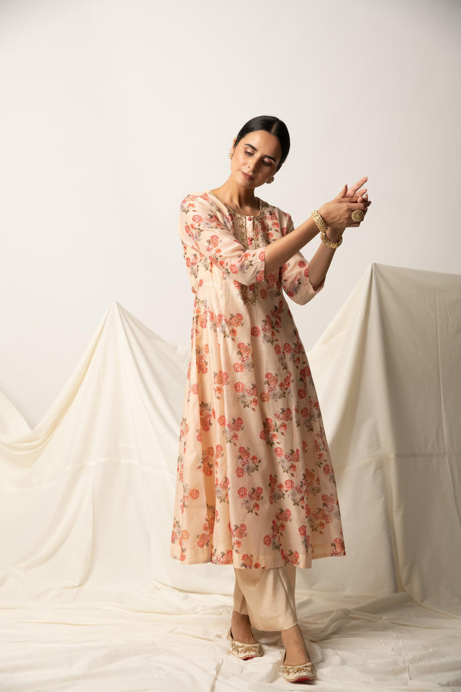 Butter Yellow Floral Print A-Line Kurta