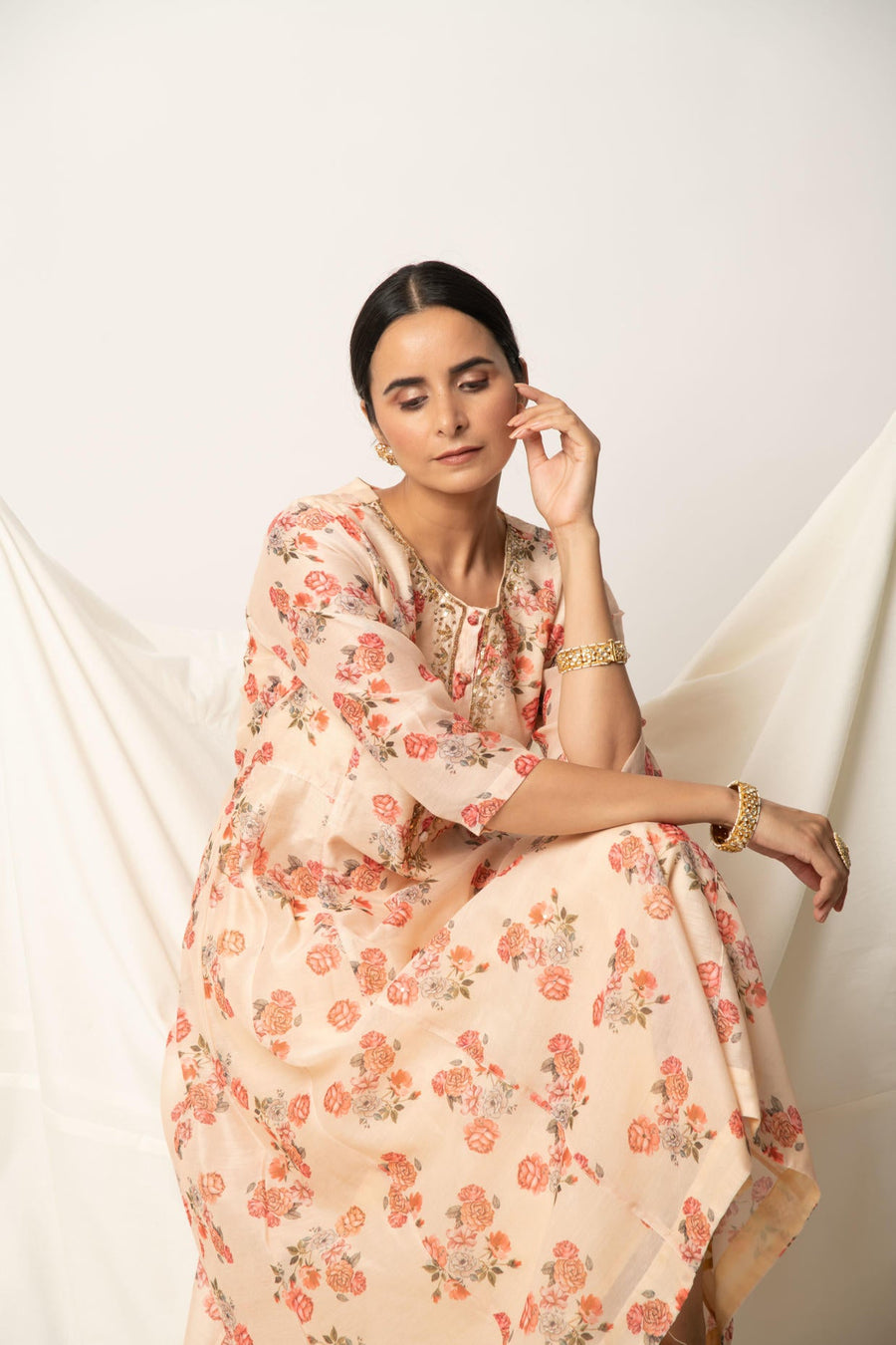 Butter Yellow Floral Print A-Line Kurta