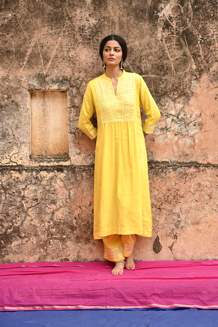 Yellow Gota Work Cotton Kurta Pant Set