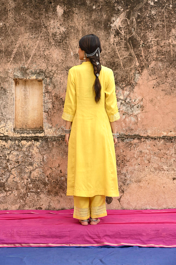 Yellow Gota Work Cotton Kurta Pant Set