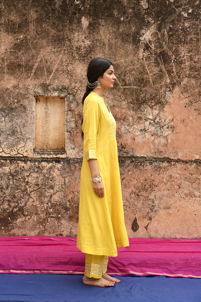 Yellow Gota Work Cotton Kurta Pant Set