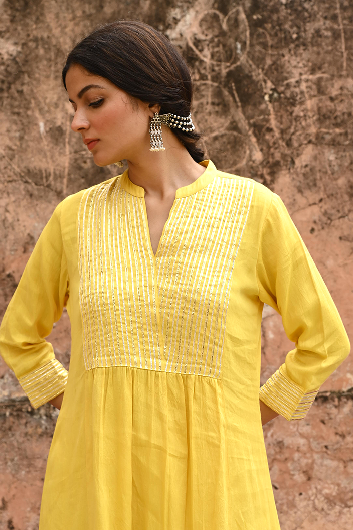 Yellow Gota Work Cotton Kurta Pant Set