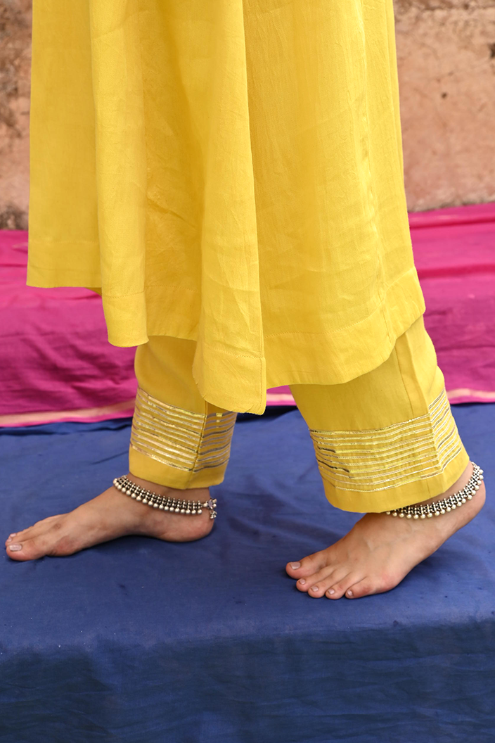 Yellow Gota Work Cotton Kurta Pant Set