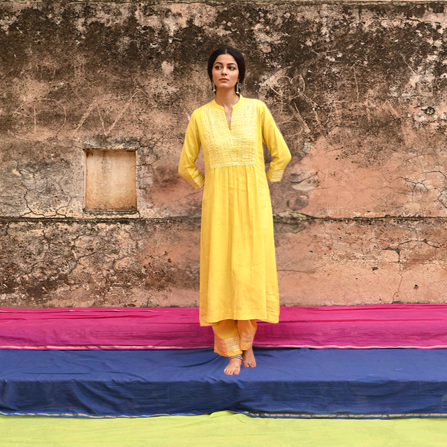 Yellow Gota Work Cotton Kurta Pant Set