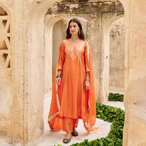 Orange Silk Gota Embellished Kurta Pant Set with Dupatta