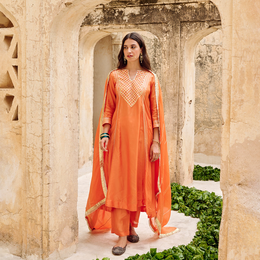 Orange Silk Gota Embellished Kurta Pant Set with Dupatta