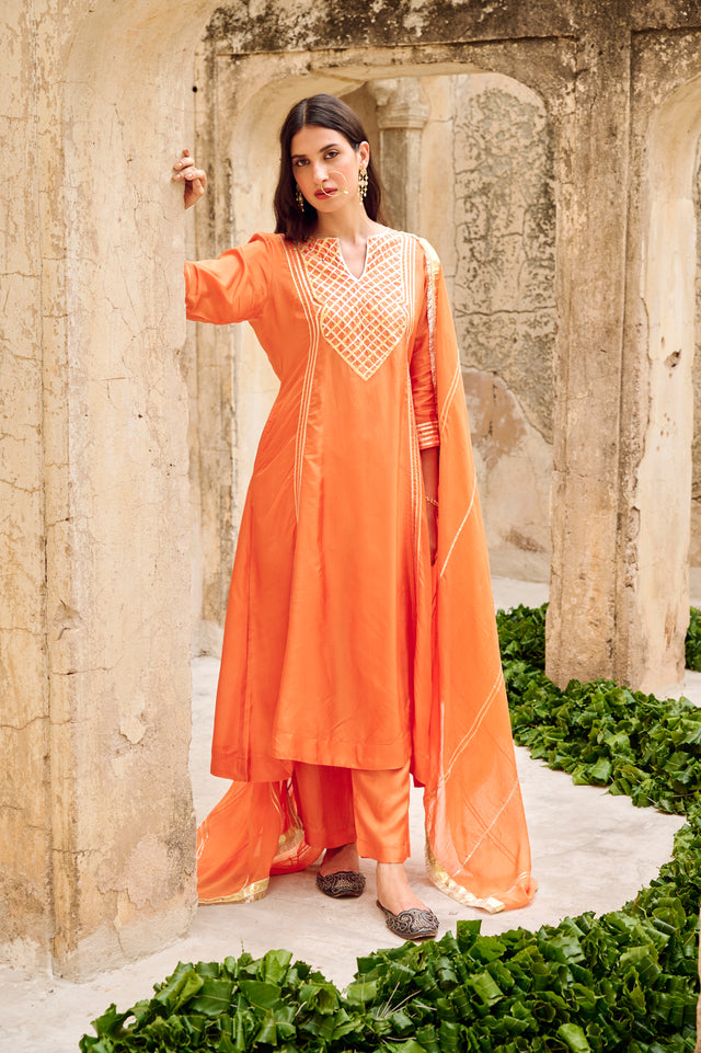 Orange Silk Gota Embellished Kurta Pant Set with Dupatta