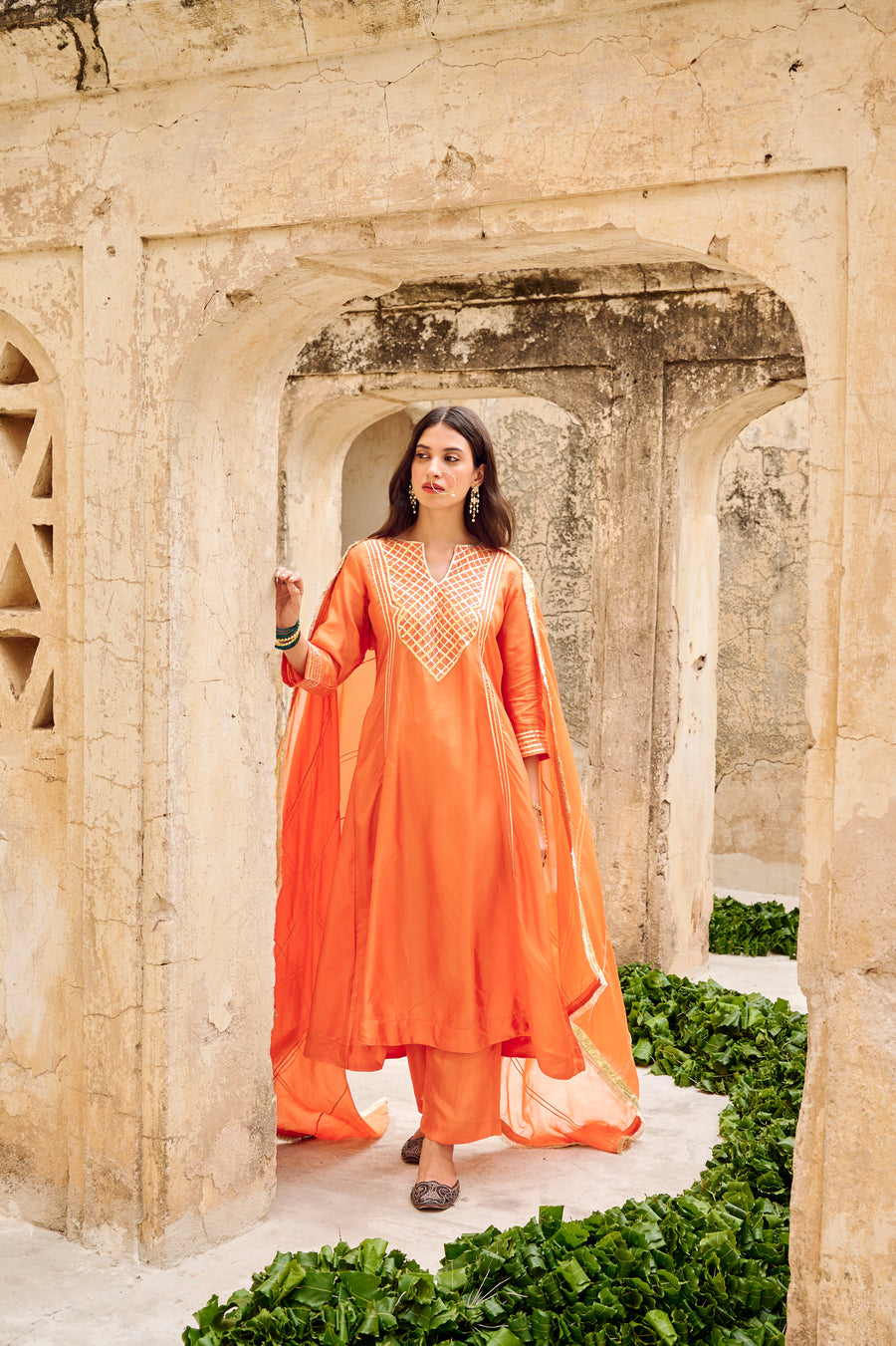 Orange Silk Gota Embellished Kurta Pant Set with Dupatta